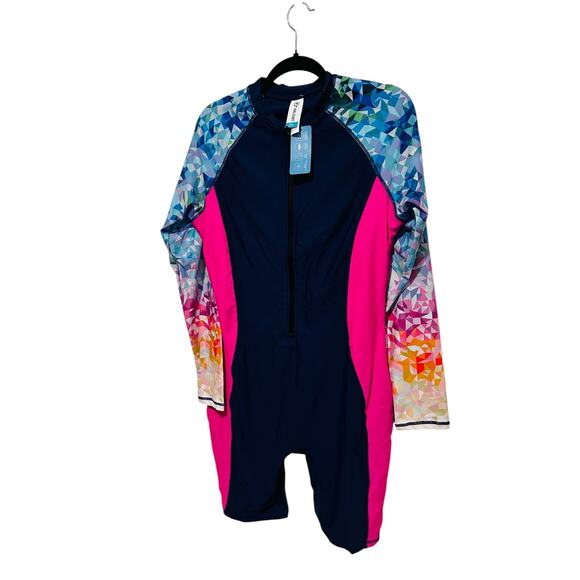 Women's Boyleg One Piece Rash Guard with Built in Bra UPF50+ Zip Long Sleeve NWT - Picture 6 of 8